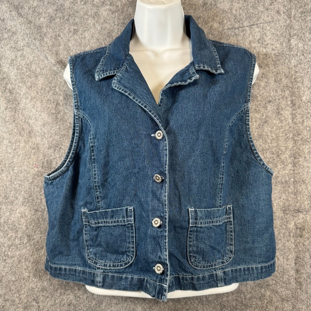 Vtg Denim Cropped Vest Womens Medium Girls 16 Sunflower Button Up 90s Festival